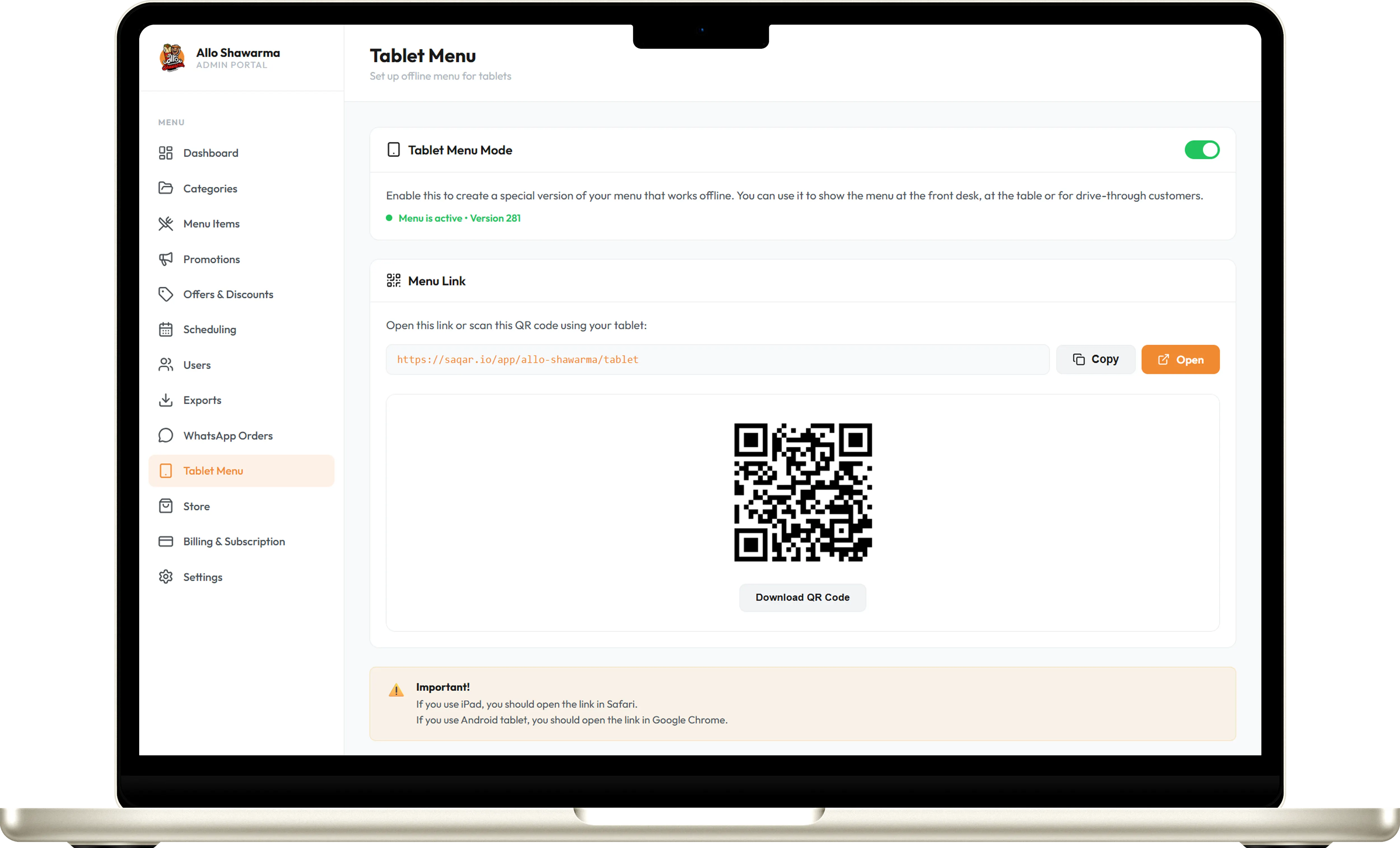 Offline menu setup step 1: Scan the QR code or open tablet link from dashboard