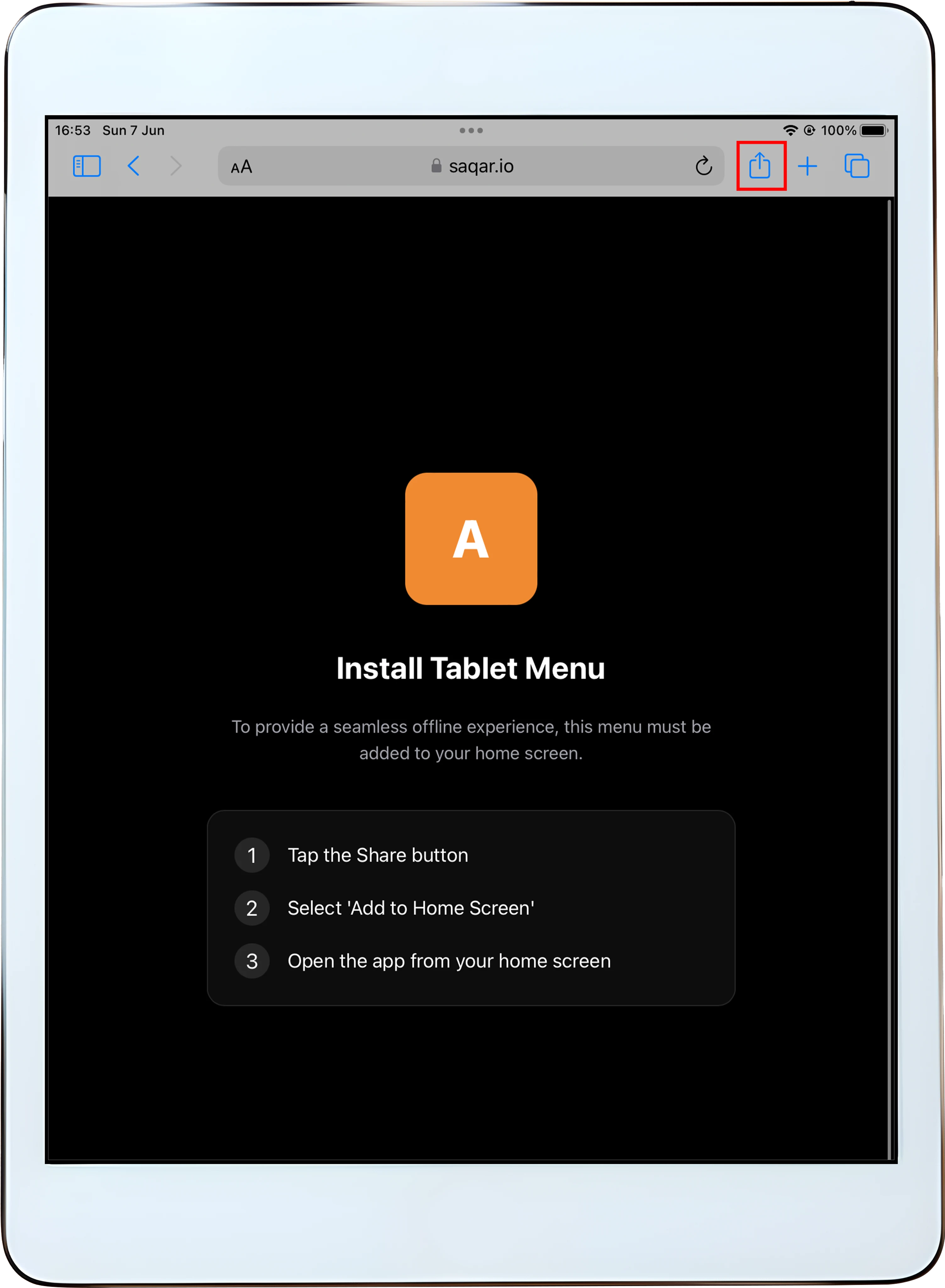 Offline menu setup step 2: Tap the Share button in Safari on iPad