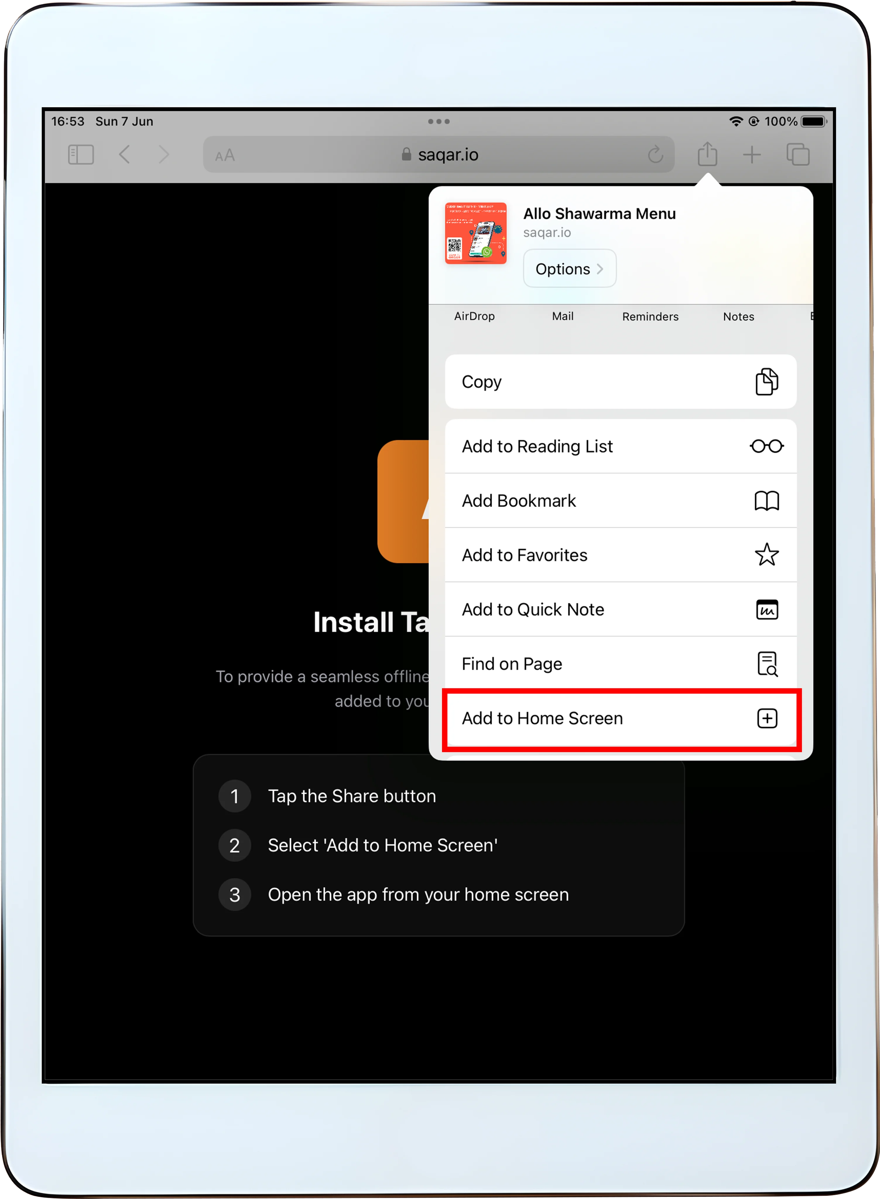 Offline menu setup step 3: Select Add to Home Screen